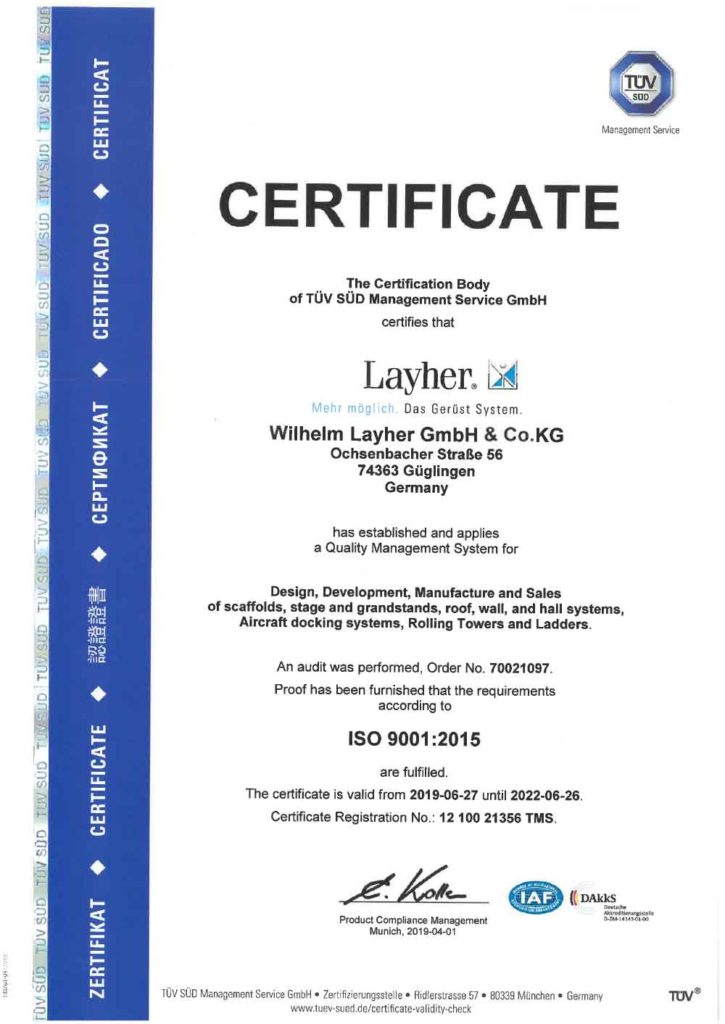 ISO 9001 Quality Management System certificate