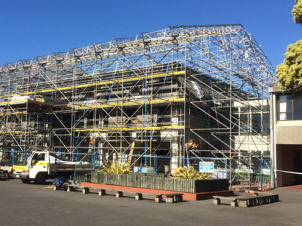 Wellington Scaffolding Services constructing a Layher Keder Roof XL over St. Patrick's College building