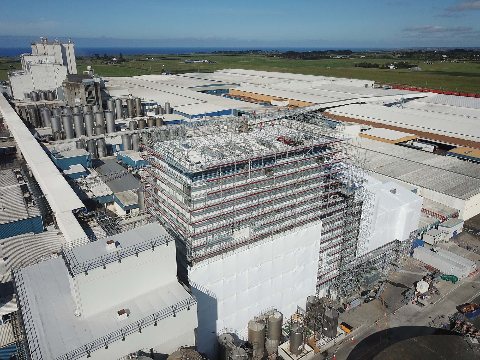 Aerial drone shot of DIALOG Fitzroy scaffold at Fonterra Taranaki
