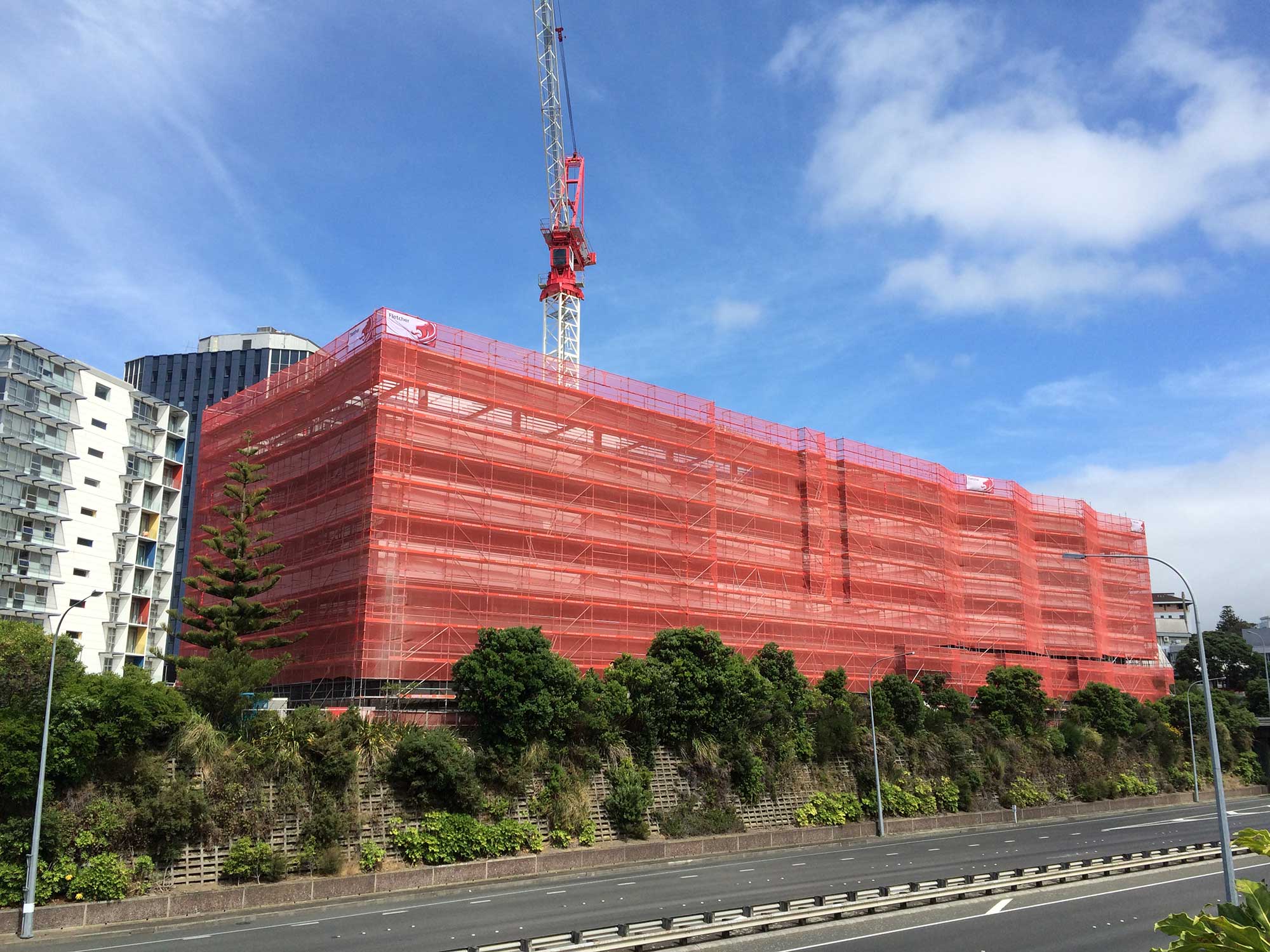 Layher Allround scaffolding used on large office building construction in Wellington