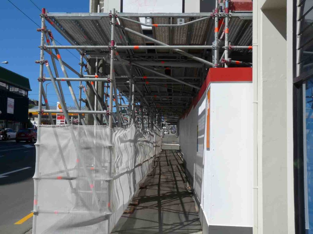 Public access with construction site office above using Layher Scaffolding