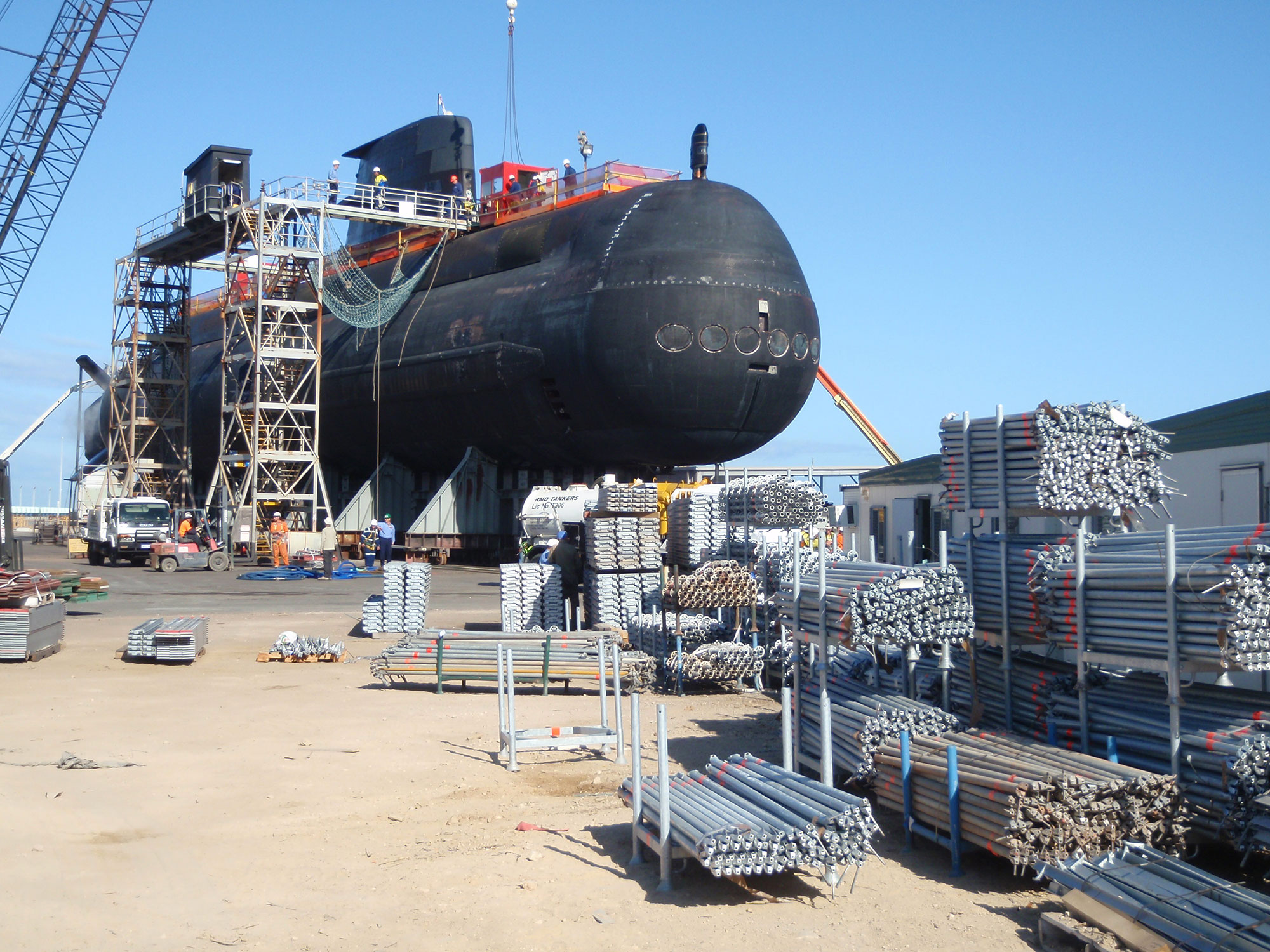 Submarine maintenance work about to commence using layher Allround Scaffolding