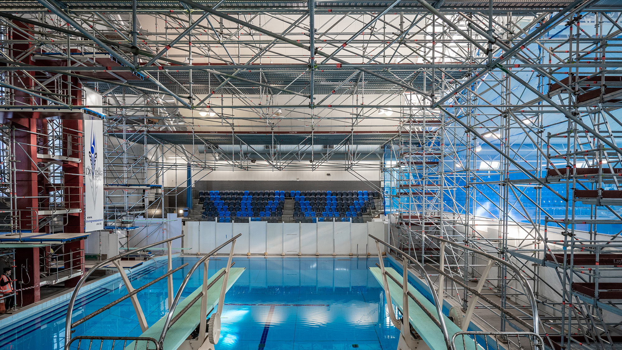 South Pacific Scaffolding used Layher Allround Lightweight Scaffolding at the Auckland West Wave swimming pool project