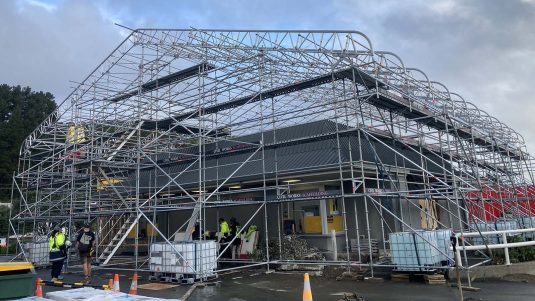 Civil Works Scaffolding temporary roof protection over McDonalds drive-thru